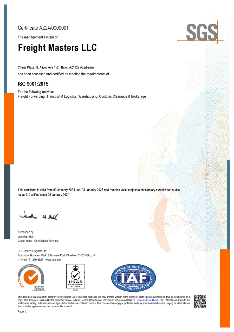 ISO 9001:2015 certificate of Freight Masters LLC, issued by SGS